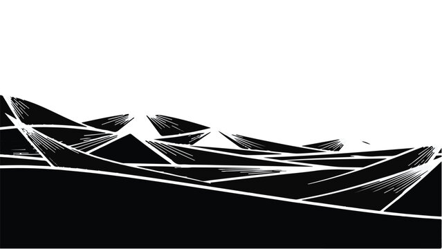 Abstract geometric landscape with sharp, angular shapes in a dramatic black and white contrast.
