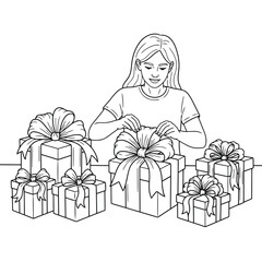 Christmas Coloring Page with Girl Tying Large Ribbons on Holiday Gift Boxes