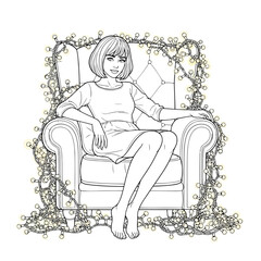 Christmas Coloring Page with Girl Sitting in Armchair Surrounded by Fairy Lights