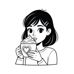 Cute Anime Style Girl Drinking Hot Cocoa or Coffee with Heart Latte Art Isolated on White