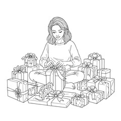 coloring page, winter, girl, coffee, hot chocolate, cocoa, mug, aroma, steam, cozy, relaxation, coloring book, line art, outline, black and white, detailed, portrait, hygge, comfort, indoor, leisure, 