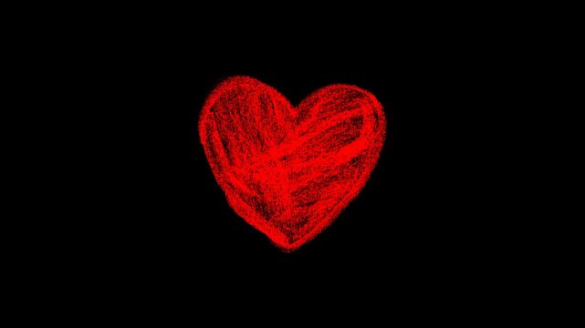 Animated red hand-drawn heart with scribble texture on black background for organic romantic overlays or chalk-style wedding video projects and motion graphics.
