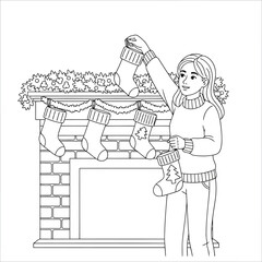 Christmas Coloring Page with Girl Hanging Stockings on Fireplace Mantel for Kids and Adults