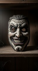 Intricate carved mask on wooden shelf with dramatic lighting