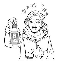 Christmas Coloring Page for Kids and Adults with Happy Girl Singing Carols and Holding Lantern