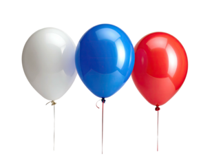 Three patriotic balloons white, blue, and red