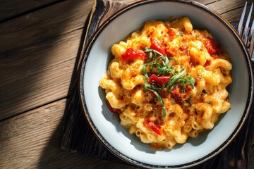 Elevated Creamy Macaroni and Cheese served in a rustic ceramic bowl, garnished with roasted red peppers and fresh herbs on a dark wooden background. Delicious comfort food close-up.