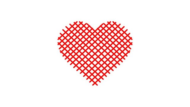 Red cross-hatch heart animation on white background with geometric lattice pattern for modern romantic designs and digital love themes in video marketing.
