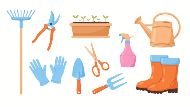 A collection of essential gardening tools and equipment including a rake, shears, watering can, gloves, and boots, ready for planting and tending to a garden.