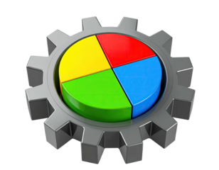Gear embracing colorful pie chart sectioned evenly
