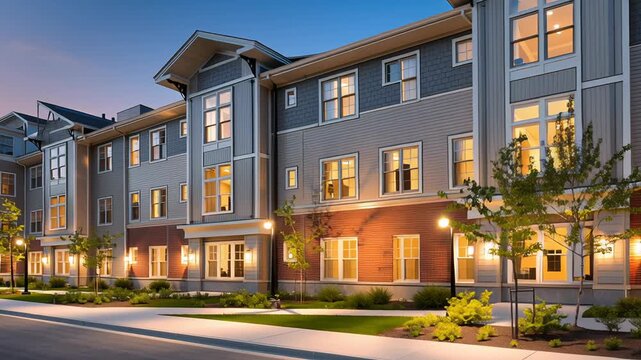 Senior-friendly housing market overview, minimal residential architecture emphasizing comfort and safety, clean institutional style, aging population housing market