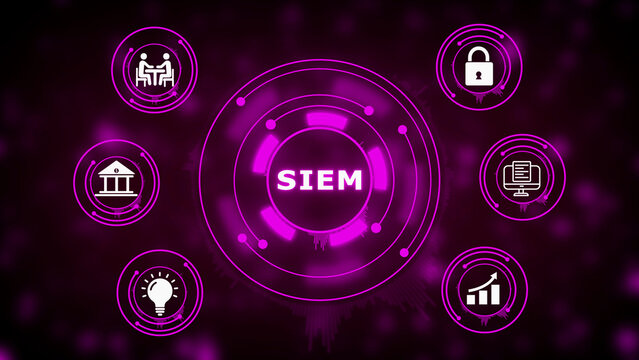 Central hub with SIEM acronym surrounded by circular representing security information and event management business processes and data protection on a dark blurred background Keywords: SIEM - Powered by Adobe