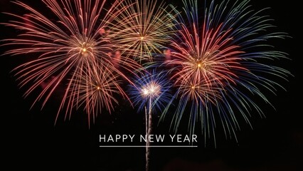 Fototapeta premium Happy New Year fireworks celebration lighting up the night sky with vibrant colors, marking the start of a new beginning