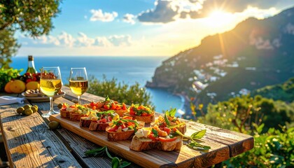 Delicious bruschetta appetizer with wine on wooden table overlooking scenic coastal town at sunset