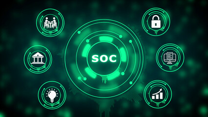 Central hub with SOC acronym surrounded by circular representing security operations center business processes and threat detection on a dark blurred background Keywords: SOC, security