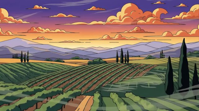Sunset over a scenic vineyard landscape with rolling hills and colorful sky
