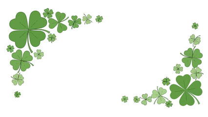 Green shamrocks and clovers arranged in a decorative corner design on a white background.