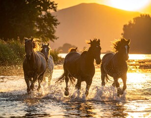 Several horses run through water with sunlight in the background