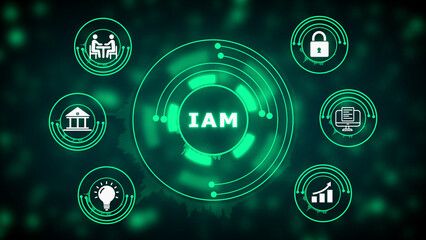 Digital concept of Identity and Access Management IAM with interconnected representing security collaboration banking innovation and growth on a dark green abstract background