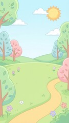 Obraz premium Playful 2d background of a cartoon landscape enchanting nature scene