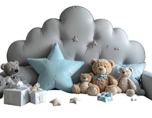 Plush toys and gifts arranged with cloud-shaped headboard