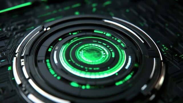 Futuristic green circuit interface glowing with concentric rings and digital details sleek metallic