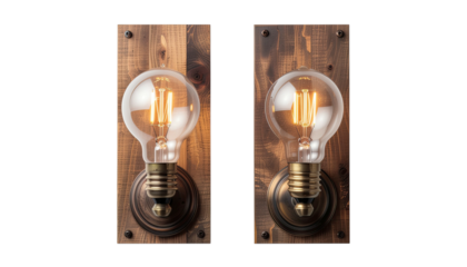 Two lightbulbs on wood boards, illuminated filaments