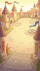 Magical castle courtyard scene 2d background fantasy environment sunrise