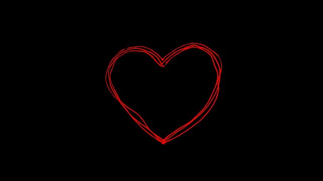 Hand-drawn red scribble heart animation on black background for artistic Valentine's Day videos, wedding story designs, and creative romantic social media content.
