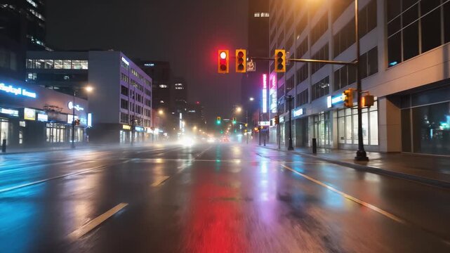 Nighttime city street scene with illuminated buildings and traffic lights, showcasing a dynamic motion sequence through gradual camera movement and atmospheric effects