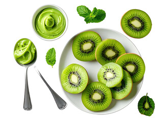 Kiwis, green dip, and mint on white plate, high angle