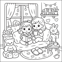Fototapeta premium Cozy Reading Moment: Two adorable figures find comfort in a heartwarming scene, sharing a book and warm drinks in a snug setting. 