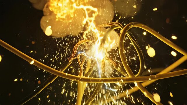 Close-up of exposed electrical wires sparking with electric sparks flying