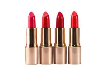 Four lipsticks stand, rose to scarlet hues, gold tubes