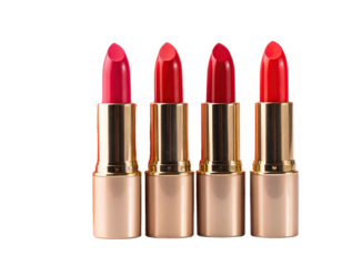 Four lipsticks stand, rose to scarlet hues, gold tubes