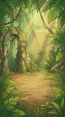 Exploring jungle ruins in a 2d background lush nature scene adventure viewpoint