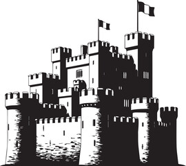Obraz premium Black and white illustration of a medieval castle with flags