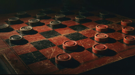 An old vintage wooden checkerboard with red and black checkers. Closeup.