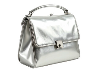 Silver, glossy purse with a top handle on black