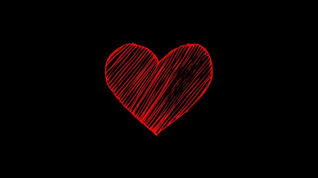 Hand-drawn red heart animation on black background with artistic hatching technique for Valentine's Day romance and creative wedding story motion graphics.
