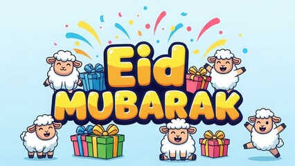 Fototapeta premium Eid mubarak celebration with cute cartoon sheep and festive gift boxes