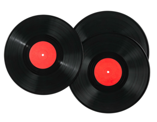 Three black vinyl records with red labels, some overlapping