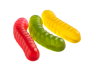 Three colorful gummy worms on a black background