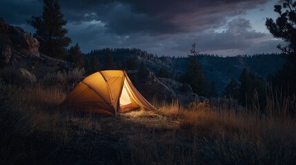 Cozy Tent Camping Under Starry Night Sky Mountain Silhouette