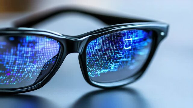 Blue digital code reflection eyeglass lens showing futuristic data visualization and glasses