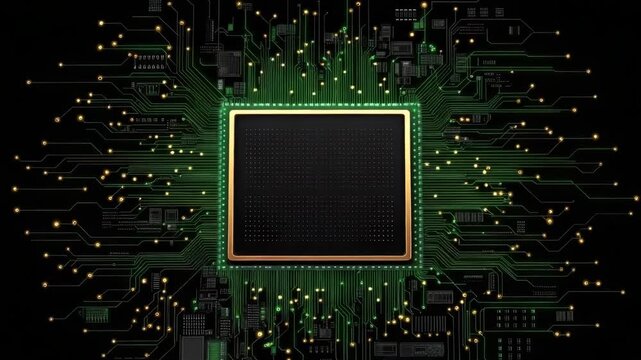 High tech central microchip glowing with green circuit traces and golden contacts high tech circuit