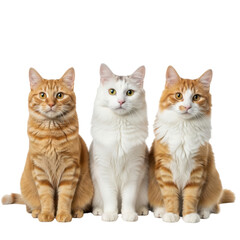 Three cats sitting together isolated on transparent background