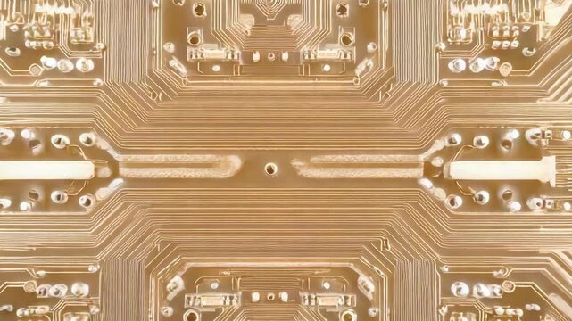 Gold circuit board pattern with intricate symmetric traces and electronic components conveying
