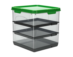 Transparent storage container with three tiers and green lid