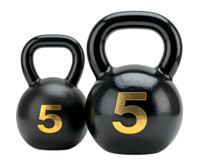Two black kettlebells, one smaller than the other, both with golden number 5